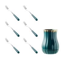 欧式家用时尚水果叉陶瓷筒套装不锈钢水果签点心叉个性甜品点心叉 绿釉南瓜筒6叉