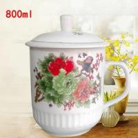 超大号景德镇带盖陶瓷霸王杯800ml办公室大号泡茶杯1800ml凉水杯 800ml牡丹