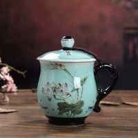 景德镇陶瓷器带盖青瓷杯仿古手绘马克杯大容量喝水家用办公泡茶杯 A款高档青瓷350ml茶杯
