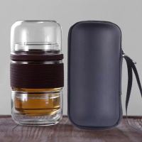 便携式玻璃茶具套装旅游茶杯便携包泡茶壶车载一壶二杯整套快客杯 咖啡色