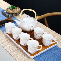 德化手绘描金提梁壶功夫茶具套装家用陶瓷简约茶壶茶杯带把整套 描金梅花带把-白色+储水盘