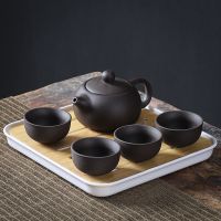 储水式小茶盘功夫陶瓷茶具套装茶杯盖碗家用简约竹制茶台办公茶壶 5头黑紫砂西施壶+小四方白全密胺盘