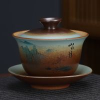 柴烧窑变釉三才盖碗茶杯创意陶瓷茶具泡茶碗大号180毫升 山水情柴烧盖碗(180毫升)