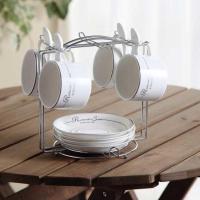 卡布奇诺拉花拿铁咖啡杯 欧式陶瓷套装意式浓缩单品咖啡杯碟220ml 银色英文4杯碟配架子勺子