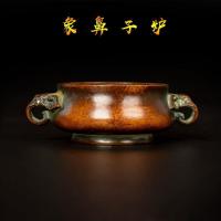 古玩古董仿古宣德炉香炉传世茄色老皮壳包浆象鼻双耳香炉复古佛堂 小号8厘米宣字底