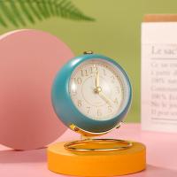 复古烤漆凸玻圆形底座金属座钟床头闹钟石英钟静音带夜灯创意闹钟 湖蓝色