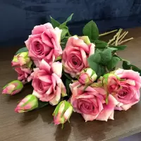 推荐 6支装湿感玫瑰花百合花假花仿真花束单支绢花客厅餐桌装饰花 2头玫红色(6支装)湿感