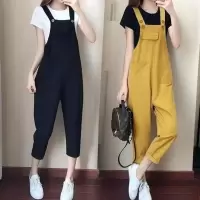 哺乳衣外出辣妈新款夏装孕妇背带裤韩版宽松母乳喂奶背带裤两件套 黄色背带裤+白色T恤套装(普通款) S(80斤以内)
