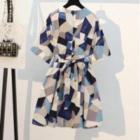 喂奶哺乳衣服期外出时尚夏天装季V领短裤雪纺两件套装上衣连衣裙 蓝几何[女装款] L