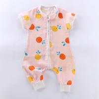 婴儿纱布睡袋棉纱卡通连体睡衣儿童分腿睡袋春秋夏薄款宝宝防踢被 粉色橘子双层短袖 80码适合65-75cm