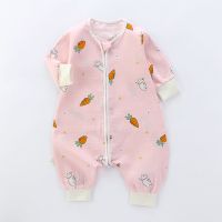 夏天纱布儿童连体睡衣宝宝睡袋春秋夏季薄款防惊跳1-3岁防踢被子 前2后2 (粉色萝卜) 80码参考身高60-80