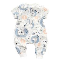 夏薄款竹棉纱布防踢婴幼儿短袖分腿睡袋儿童爬行服竹纤维双层睡衣 北欧动物短袖 80