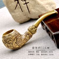 汉匠手工鲤鱼雕花传统旱烟袋老式黄铜一体锅便携男士烟斗烟具短款 大号