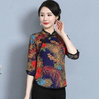 21夏季新旗袍领中袖T恤妈妈装遮肚洋气上衣中年女装中国风打底衫 藏青羽毛花 五分袖 XL 建议85-105斤左右