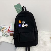 潮牌双肩包女大容量电脑背包日系休闲高中大学生书包男ins旅行包 黑色[带五个徽章]