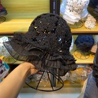 原创帽子女夏天全拼花手工帽荷叶边休闲百搭雪纺花边三层镂空复古 黑色