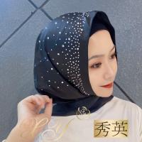 穆斯林纱巾新款方便头套仿真丝简便套头烫钻飘带帽子回族头巾盖头 仿真丝烫钻飘带帽子黑色