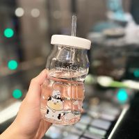 韩版耐高温高硼硅玻璃水杯带吸管可爱卡通小熊女生超萌有手柄杯子 奶牛早餐 [吸管+彩盒]