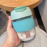 咖啡杯带吸管女学生韩版可爱玻璃杯带盖耐高温水杯高颜值便携杯子 PP马丁杯绿350ml [单杯+贴纸]