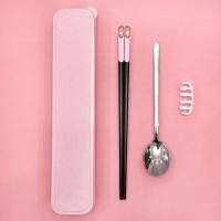 长款筷子勺子套装上班族收纳盒子韩式304不锈钢可爱成人便携餐具 长款便携)粉猫套装)粉盒