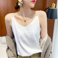 仿真丝吊带背心女性感无袖缎面上衣夏小心机v领西装内搭打底ins潮 白色 双带V领 S [建议85斤-100斤]