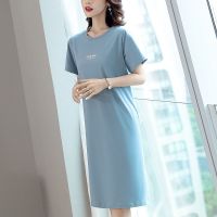 春夏新款韩版睡裙女夏长款过膝宽松大码气质女连衣裙家居服女外穿 天蓝色 [字母款] M 80-100斤