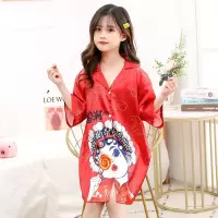 国潮女童睡衣2021新款薄款京剧脸谱复古装连衣睡裙短袖宽松家居服 红色 120