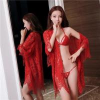 眉奈儿性感情趣内衣女三点式比基尼蕾丝外罩衫波西米亚风套装睡裙 酒红三点 均码