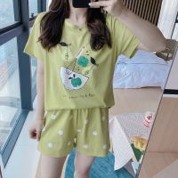 睡裙女夏短袖仿棉薄款韩版可爱学生日系睡衣夏天宽松家居服两件套 3301 M 80-100斤可穿