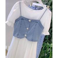 2021夏季新款大码女装连衣裙收腰显瘦法式气质牛仔马甲吊带两件套[15天内发货] 蓝色马甲 单件 M 建议100斤以下