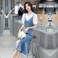 牛仔吊带连衣裙女夏2021新款法式长裙气质收腰背带裙子两件套装潮 上衣[单件] S 建议[80-100斤]