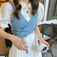 法式复古泡泡袖连衣裙女夏2021新款气质牛仔吊带设计感裙子两件套[8天内发货] 牛仔吊带 单件 S 建议90~100斤