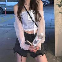 JMSOP 星辰恰似你 纱纱袖外穿吊带设计感小众一字肩上衣 星辰蓝 S