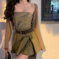 林珊珊 韩版时尚减龄辣妹格子套装女夏季披肩+吊带+百褶裙三件套 格子吊带[单件]_促销 S