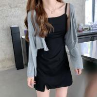 套装女秋季2020学生韩版打底衫性感吊带连衣裙两件套洋气开衫外套 黑色吊带裙 S