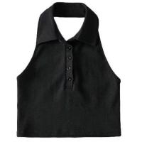 夏季小心机性感挂脖无袖背心女POLO领短款露背显瘦辣妹小吊带上衣 黑色 XXS 建议[30以下