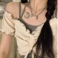 大码女装辣妹叠穿套装女夏季短款小众抽绳设计上衣+打底背心吊带[10天内发货] 灰色背心 [单件] S [建议95斤内]