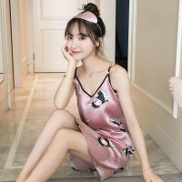 吊带睡裙女夏季冰丝绸性感睡衣微透明春秋韩版薄款学生宽松家居服 围巾兔-粉色 M 85斤-100斤