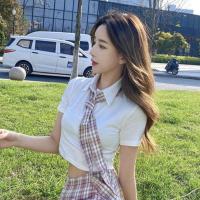 夏季短裙2021新款上衣裙裤套装学院风减龄JK制服性感衬衫半身裙潮 白衬衫+粉色领带 S