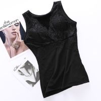 保暖棉背心女加厚加绒紧身v领蕾丝打底内衣秋冬马甲保暖上衣大码 黑色 XL 建议[70-100斤]