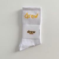 春夏潮牌DREW字母涂鸦袜子男女搭配洞洞鞋联名比伯同款薄款中长袜 白色黄字