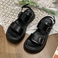 凉鞋女厚底新款2021年夏季百搭韩版小清新皮带扣露趾松糕罗马鞋潮 黑色 35 标准码