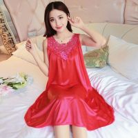 夏季性感睡裙女冰凉丝滑无袖家居服长款蕾丝睡衣加大码宽松 S1#I(大红) M码(75-100斤)