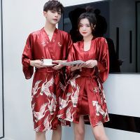 2套价 情侣睡衣夏季冰丝薄款结婚新娘浴袍晨袍男女套装大码家居服 215仙鹤情侣袍-红色 女M送男L
