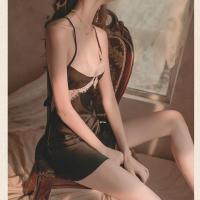 性感睡衣夏季薄款冰丝吊带睡裙女2021新款蕾丝拼接露背诱惑睡裙仙 黑色 XXS