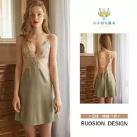 性感睡衣女超薄冰丝吊带睡裙深V蕾丝透视露背绑带迷人短裙夏季套 豆绿睡裙 - 睡裙+T裤 均码 80-125斤