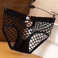 大码蕾丝性感内裤女士网格高弹力透气中腰三角裤女大码镂空 黑色1条 均码 80-130斤