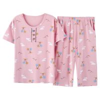 睡衣女夏天短袖七分裤棉质套头大码圆领家居服胖MM套装夏季可外穿 2183 M码[建议80-100斤穿]