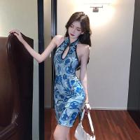 旗袍年轻款新式改良版中国风时尚连衣裙夏季下摆开叉性感包臀短裙 蓝色 S