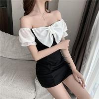 夏装2020新款小个子性感露肩连衣裙仙女超仙森系气质一字肩短裙子 黑拼白 S